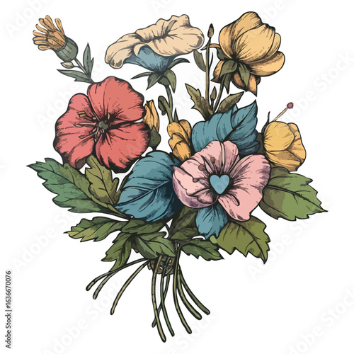 Colorful Bouquet of Flowers, Beautiful Botanical Illustration, Watercolor Painting of Garden Flowers, Pink Rose, Yellow Flowers, Blue Leaves, Green Leaves, Garden Flowers, Romantic Floral Bouquet