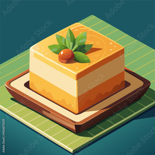 Orange layered cake with decorative garnish on a plate. displayed on a striped placemat. Delicious dessert presented for a food blogger or online culinary platform.