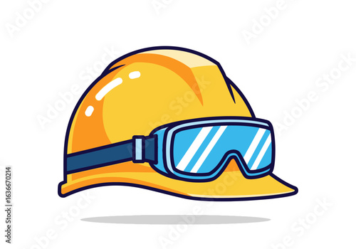 A yellow hard hat with blue safety glasses, a cartoon illustration perfect for construction, engineering, or safety websites and projects needing a fun, approachable style.