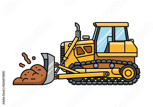 A vibrant illustration depicts a yellow bulldozer, actively pushing a mound of earth, set against a clean white backdrop, ideal for construction or industrial themes.
