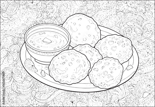 Intricate coloring page featuring delicious pakoras and dipping