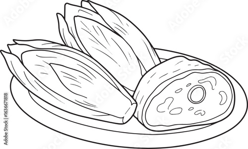 Elegant outline illustration featuring belgian endives and a sau