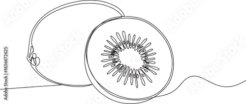 Single line drawing style showcasing two kiwi fruits, isolated o