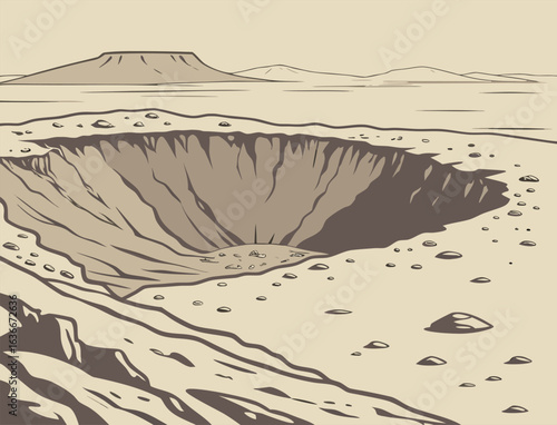 Meteor Impact Crater in Silent Desert – Vector Artwork