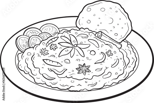 Detailed line art illustration of Bengali Bhorta with a side of