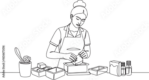 Minimalist line art illustration depicting a woman crafting home