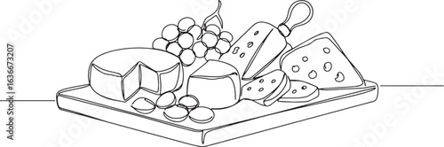 Minimalist outline drawing of a cheese platter featuring various