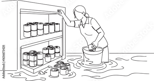 Line art depicting flood damage in a pantry with woman rescuing