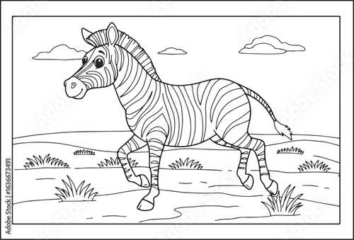 outline drawing of a cute cartoon zebra standing in a grassland