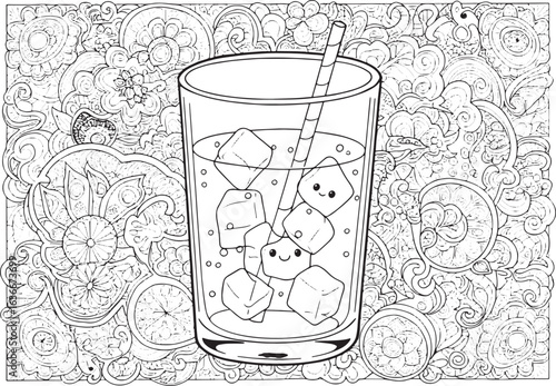 Detailed coloring page featuring a refreshing drink with cute ic