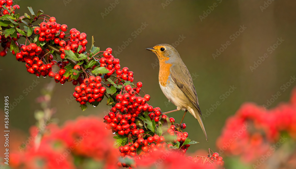 Fototapeta premium Robin perched on branch with vibrant red berries in natural setting