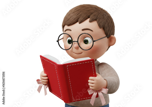 Isolated Cartoon Boy with Glasses Reading a Story Book with Ribbon