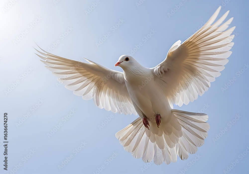 Obraz premium A majestic white dove soaring gracefully through a clear blue sky with its wings spread wide