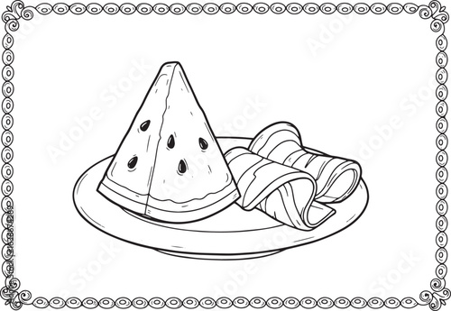 Elegant linear presentation of watermelon slices with ham in dec