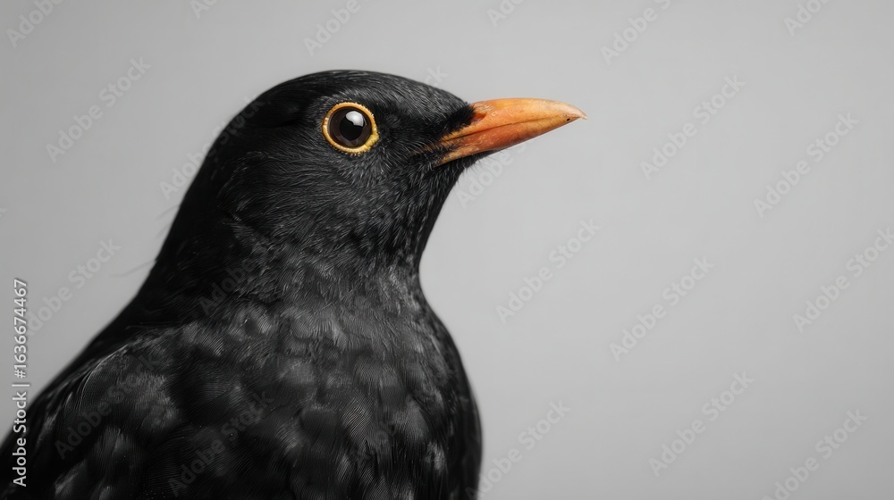 Fototapeta premium A close-up of a black bird with a distinctive orange beak and bright yellow eye, showcasing its sleek feathers against a neutral background.