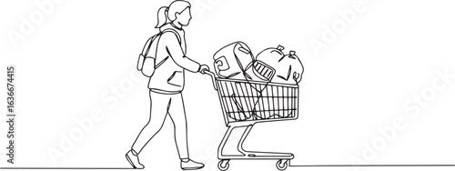 Continuous line drawing of woman pushing shopping cart with groc