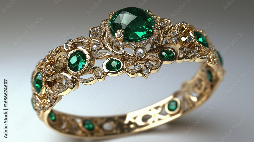 Jewelry bracelet made of gold with emeralds and green stones featuring a large rounded stone. Jewelry bracelet made of gold with emeralds and green stones featuring a large rounded stone.
