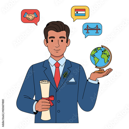 An educated professional holding a diploma and a globe, representing global career opportunities and international diplomacy.