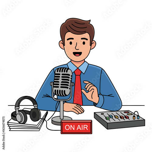 A male radio host or podcaster speaking into a professional microphone during a live broadcast, communication and media concept.
