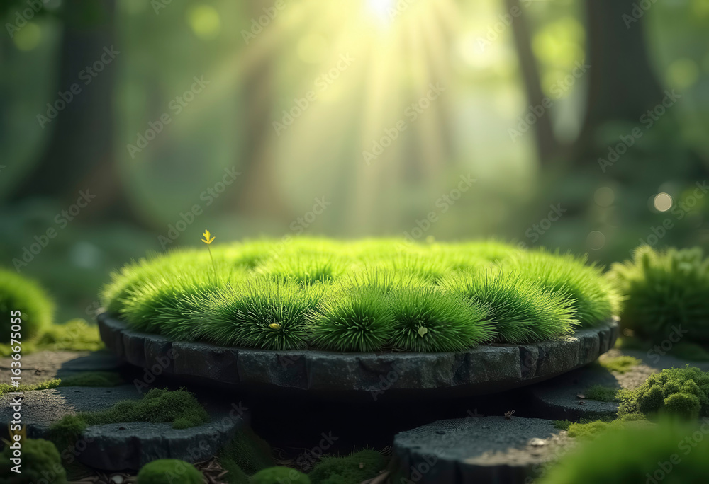 Fototapeta premium A flat, circular platform made of moss, set against a forest backdrop