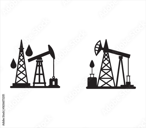 Oil Well and Rig Illustration Black and White Silhouette Depicting Fossil Fuel Energy Extraction and Global Industry Impacts
