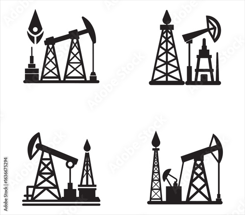 Oil Well Icon Set Depicting Crude Oil Extraction and Petroleum Industry Development Vector Black and White