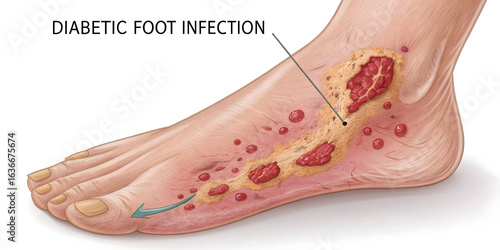 Human foot showing diabetic foot infection with inflamed red sores and yellow crusting