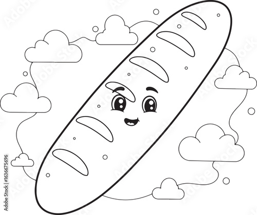 Smiling Baguette Character Floating Amidst a Whimsical Cloudscap