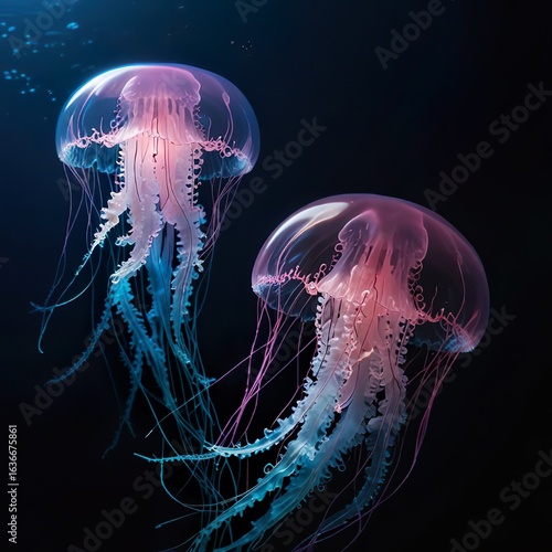 Closeup of two jellyfishes in the ocean