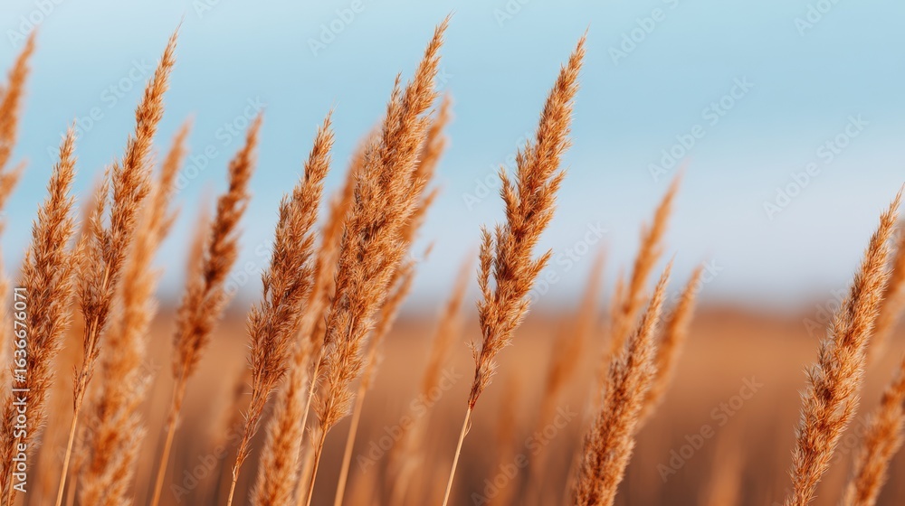 Fototapeta premium Golden reeds sway gently in the breeze under a clear blue sky, showcasing nature's beauty and tranquility in a serene landscape.