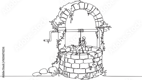 Line art illustration depicting a climber rappelling inside a vi