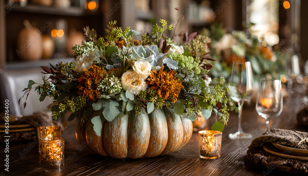 Fototapeta premium Fall Floral Centerpiece with Pumpkins and Greenery, leafy greenery, harvest theme