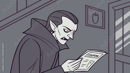 A classic vampire with pointed ears and red eyes intently reads a coupon perhaps looking for a discount on blood or coffin polish