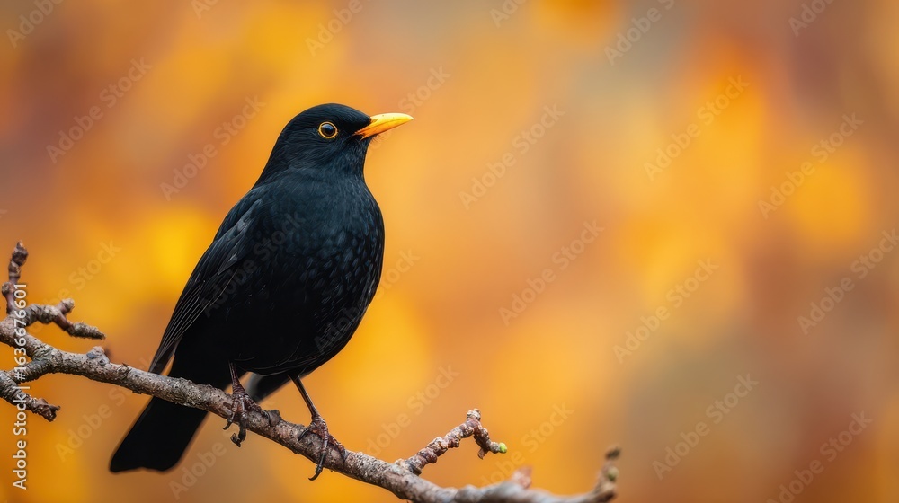 Fototapeta premium A black bird perched on a branch, set against a warm, blurred background of autumn colors.