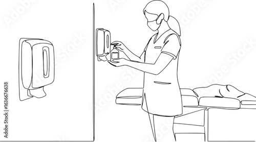 Continuous Line Illustration of a Healthcare Worker Sanitizing H