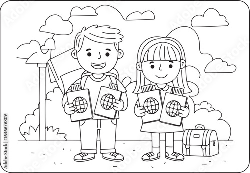 Children ready for adventures holding passport in black and whit
