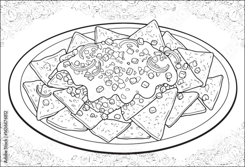 Monochrome illustration of chilaquiles on a plate with decorativ