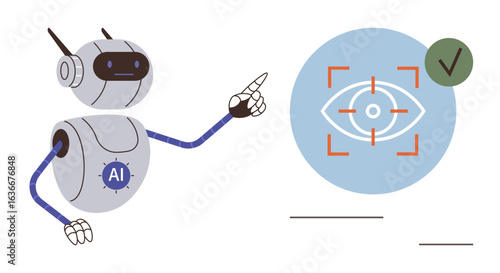 AI robot pointing to biometric eye recognition symbol with verification checkmark inside a digital interface. Ideal for technology, AI, security, biometrics, innovation, digital identity, futuristic