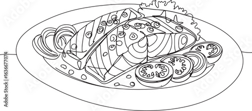 Elegant line drawing of salmon dish with tomatoes, onions, and l