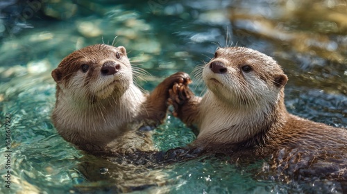 Two otters playful interaction in water