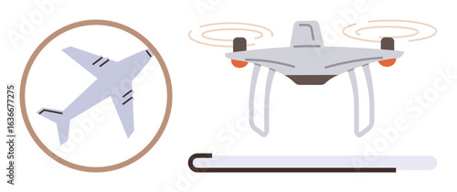 Airplane within circular frame alongside a quadcopter drone with spinning rotors. Ideal for aviation, innovation, technology, modern transportation, drone usage, aerodynamics, futuristic concepts