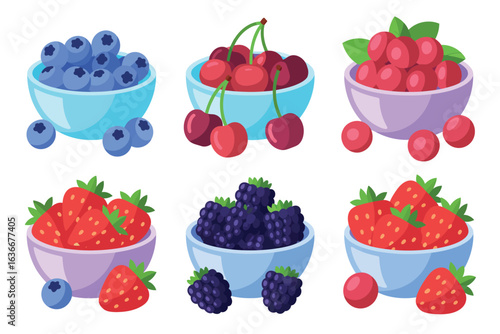 Assortment of fresh berries in colorful bowls