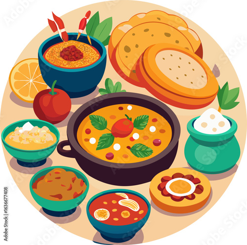Indian Meal Tandoori Naan, Served with different types of Curries. stock illustration
