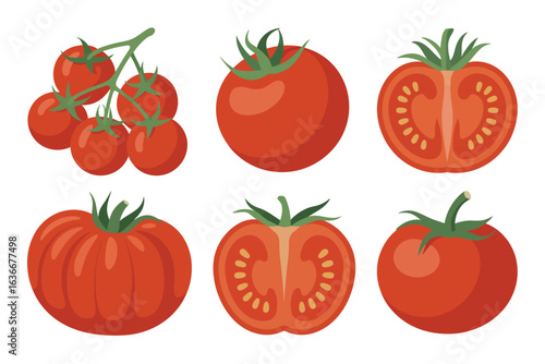 Collection of fresh red tomatoes and tomato halves