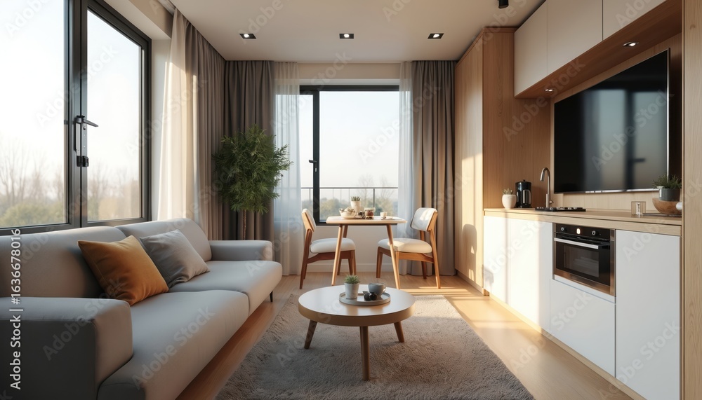 Fototapeta premium Modern compact studio apartment features sleek modular furniture, abundant natural light, cosy minimalist Scandinavian design. Living space includes comfortable sofa, coffee table, dining area,