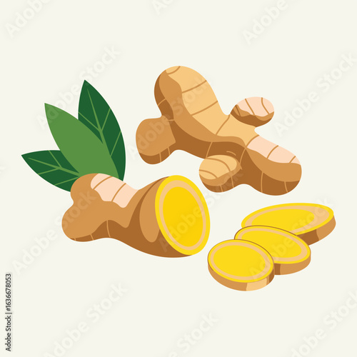 Fresh ginger root and slices with green leaves