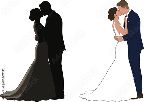 Cad drawing flat vector illustration, wedding couple pose, bride and groom, silhouette and color style, romantic embrace, elegant design, love