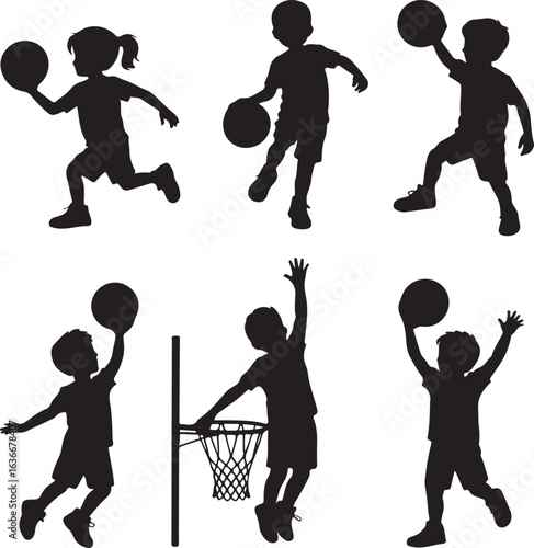Six Black Silhouettes of Kids Playing Basketball