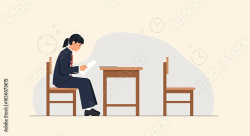Anxious student preparing or reviewing the exam in the classroom with time pressure illustration