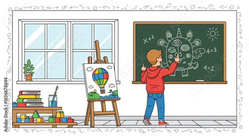 A Boy Drawing on a Chalkboard with an Easel and Painting Nearby creating a creative learning environment and school setting
